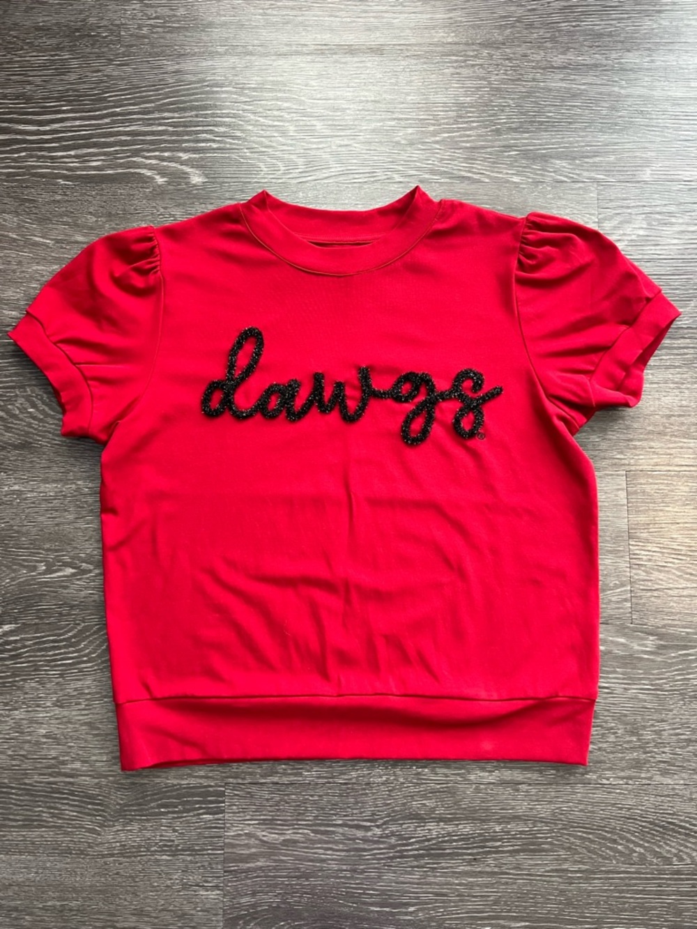 Stewart Simmons UGA Dawgs Red Glitter Script Puff-Sleeve Top